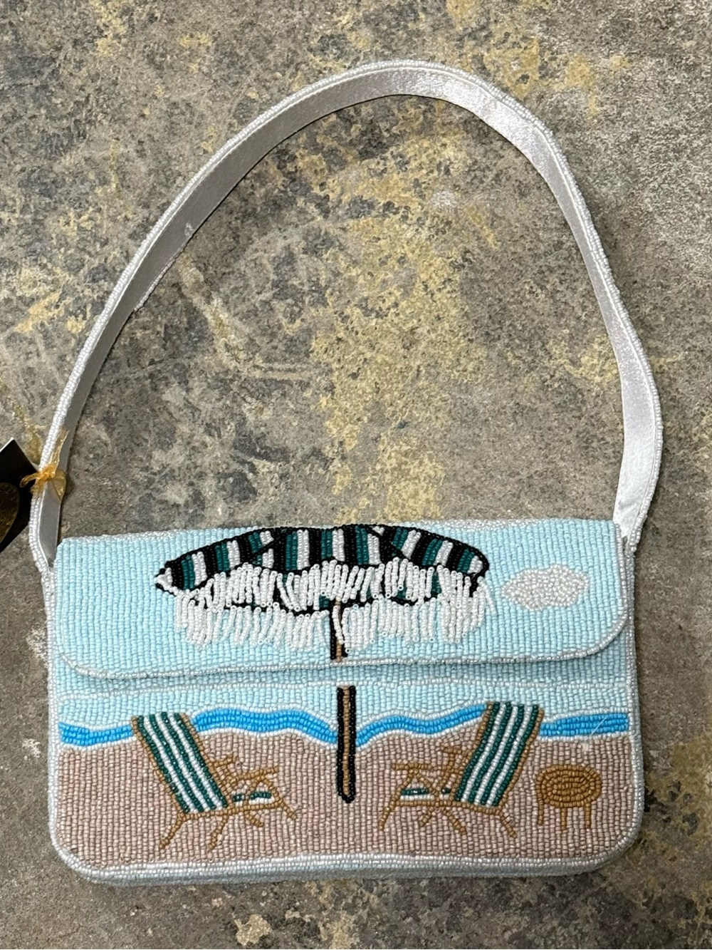 Beaded Beach Scene Shoulder Bag - Light Blue - NWT